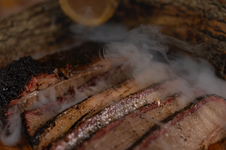 Texas smoked brisket with smoke and wood studio food photography Dave Gevry Photography 2025